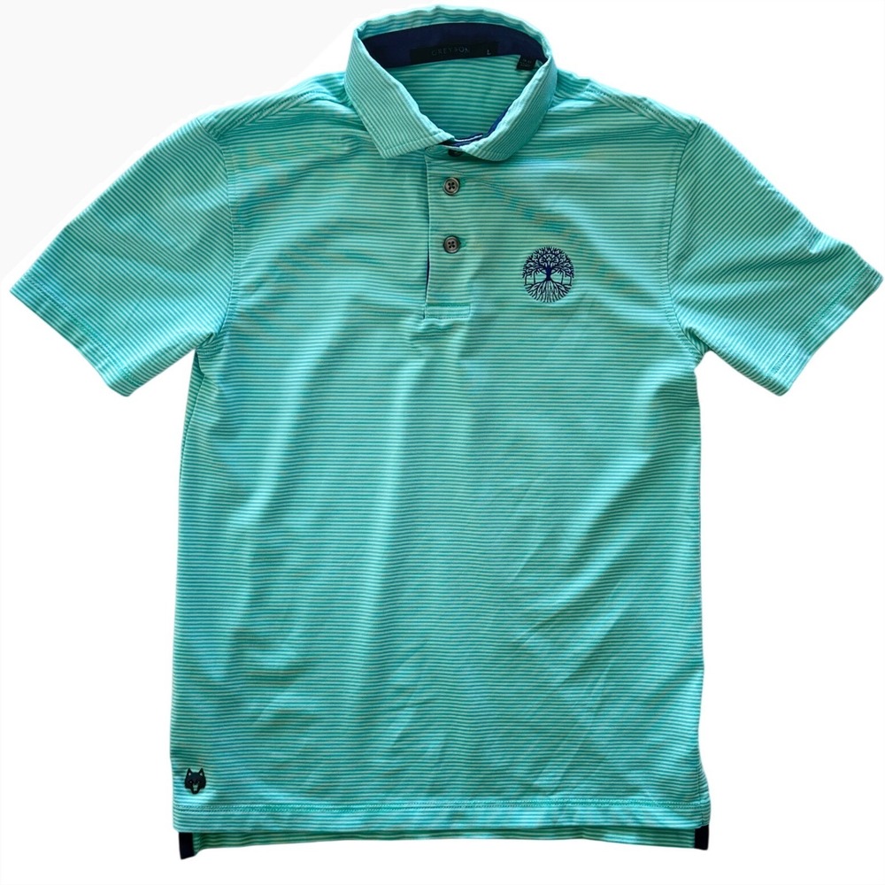 GREYSON Mint Green Striped Performance Golf Polo Shirt Tree Logo Boys Size L 8/9